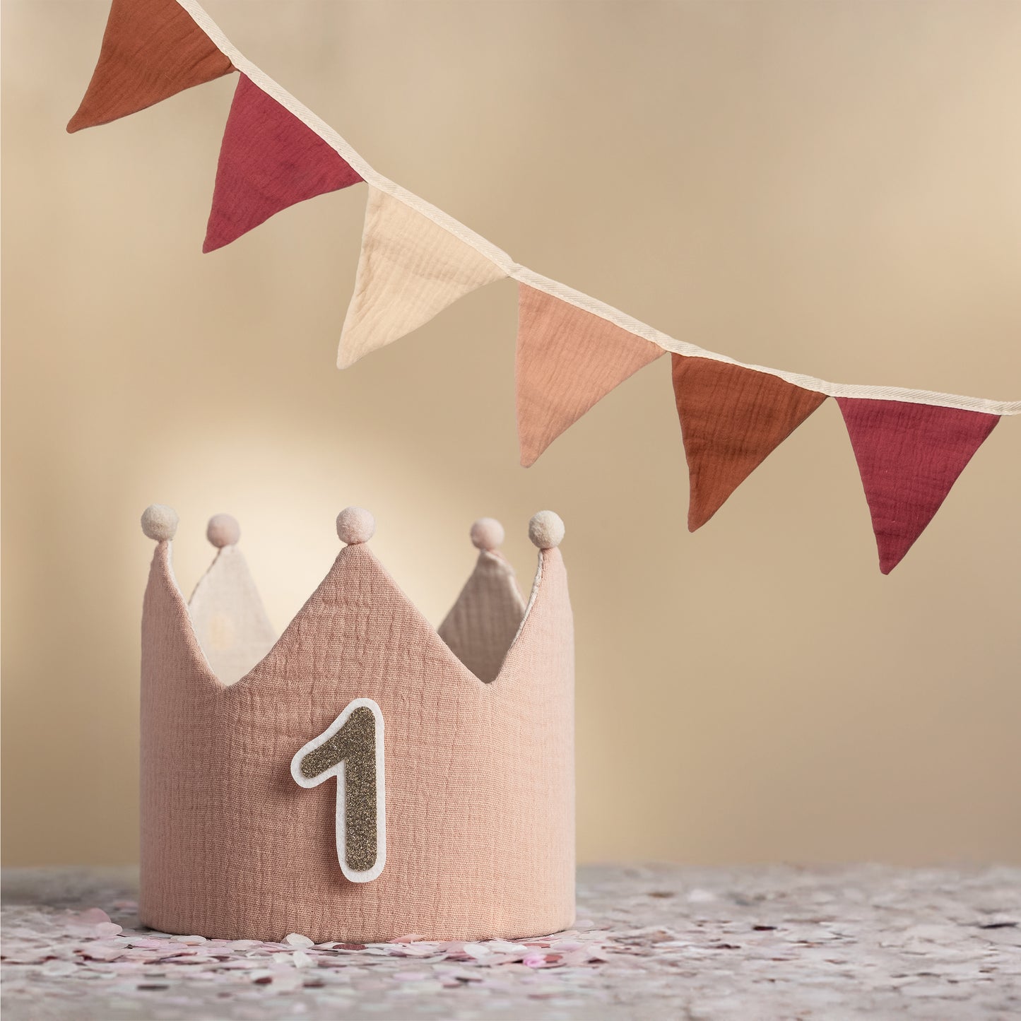 Geburtstagskrone Pastell - Rosa - Beige inkl. Wimpelkette
