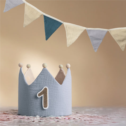 Geburtstagskrone Pastell - Blau - Beige inkl. Wimpelkette